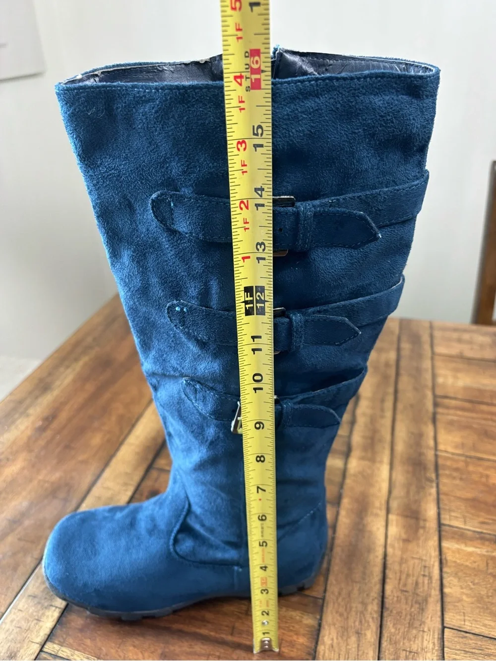Wanted Blue Suede Under-the-Knee Buckle Boots